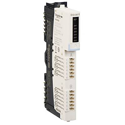 Moduł sterowniczy 'Schneider Electric Modicon' z białymi i czarnymi komponentami, z widocznymi wieloma złączami.