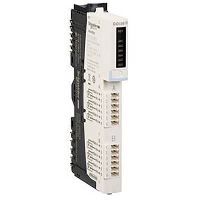 Biały i czarny moduł elektroniczny firmy Schneider Electric z wieloma gniazdami.
