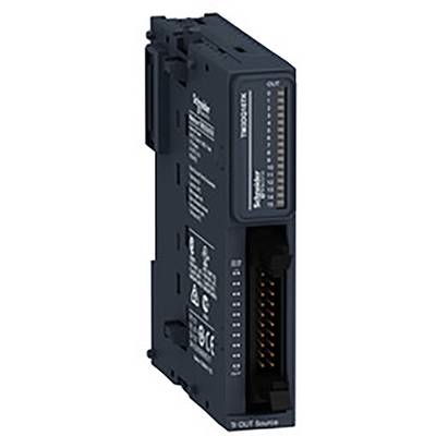 Moduł przemysłowy firmy Schneider Electric, ciemnoszary, z złączami wejść i wyjść, z pionowymi opisami tekstowymi na boku.