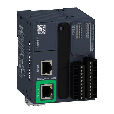Przemysłowy kontroler Schneider Electric: obudowa w kolorach czarnym i szarym, złącza do komunikacji szeregowej i Ethernet, oznaczone jako 'Analog IN'.