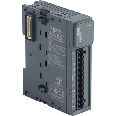 Kompaktowy, czarny moduł Schneider Electric Modicon TM3TM3 z wieloma złączami i oznaczeniami, przeznaczony do automatyzacji przemysłowej.