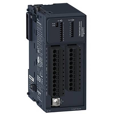 Szary, prostokątny moduł elektroniczny z wieloma złączami i przełącznikami, prawdopodobnie przeznaczony do zastosowań w sterowaniu przemysłowym.