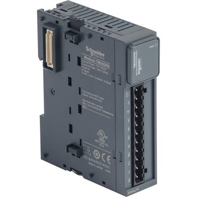 Czarny moduł elektroniczny firmy Schneider Electric, model TM2AI2HG. Widoczne są złącza czołowe oraz opcje podłączenia z boku.