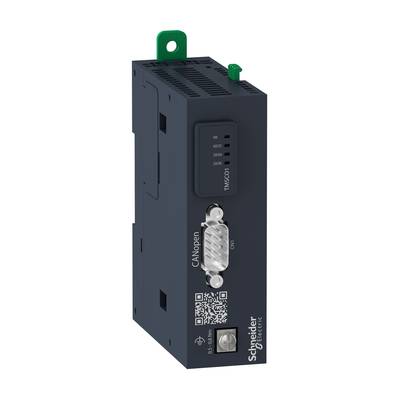 Moduł automatyzacji z interfejsem CANopen firmy Schneider Electric, w ciemnej obudowie z diodami kontrolnymi i kodem QR na przedniej ściance.