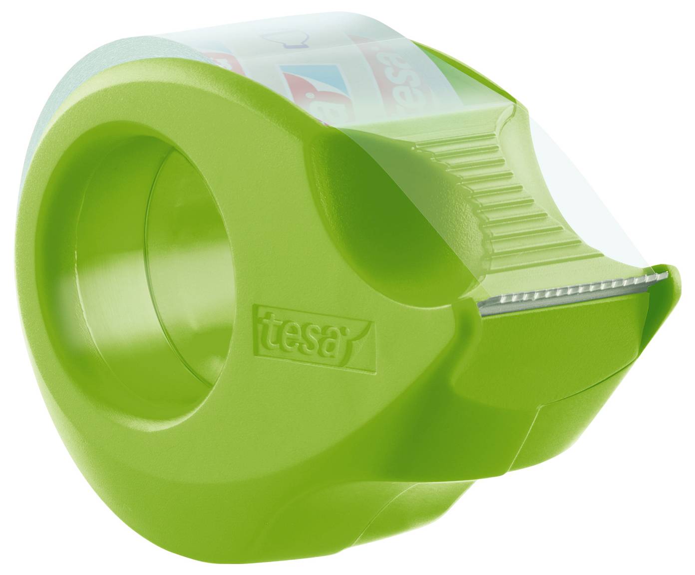 Zielony podajnik taśmy z błyszczącą rolką taśmy w środku i piłowaną metalową krawędzią do cięcia taśmy.