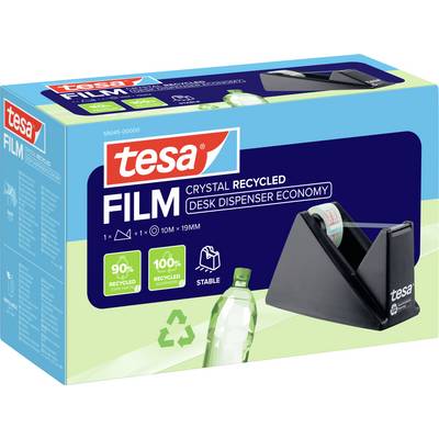 'Tesa Film Crystal Recycled Desk Dispenser Economy' opakowanie prezentujące czarny podajnik taśmy i nacisk na materiały z recyklingu.