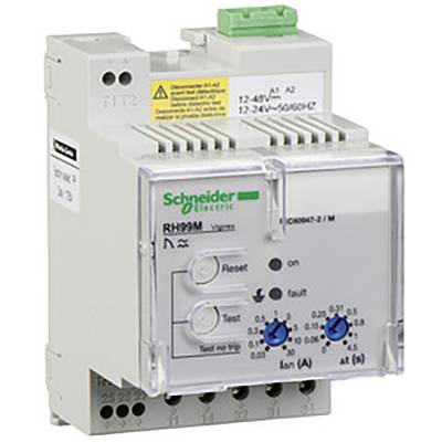 Elektryczne przekaźnik nadzorczy firmy Schneider Electric z przyciskami resetowania i testowania oraz wskaźnikami LED statusu.