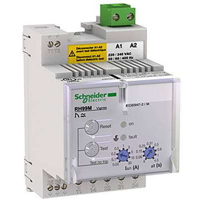 Biały wyłącznik różnicowoprądowy (RCD) firmy Schneider Electric z zieloną zaciską u góry. Przedstawia dwa niebieskie przełączniki i szczegóły techniczne.