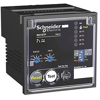Przekaźnik ochronny firmy Schneider Electric, model RH197P. Widoczne przyciski 'Reset' i 'Test', diody LED wskazujące natężenie prądu i sygnalizujące awarię.