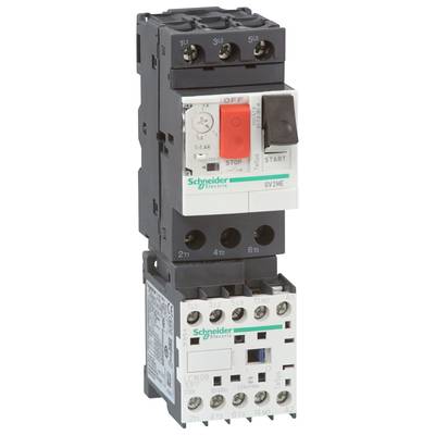 'Schneider Electric 3-fazowy wyłącznik przeciążeniowy, typ: GV2ME. Przełącza silniki do 9 A, wyposażony w czerwony przycisk stopu i biały przycisk start.'