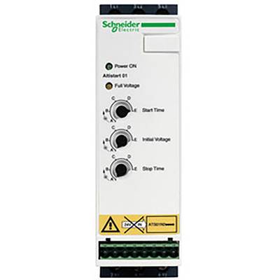 Szafa sterownicza z trzema przełącznikami obrotowymi i wskaźnikami LED dla 'Power ON', 'Altistart 01' oraz 'Full Voltage', firmy Schneider Electric.