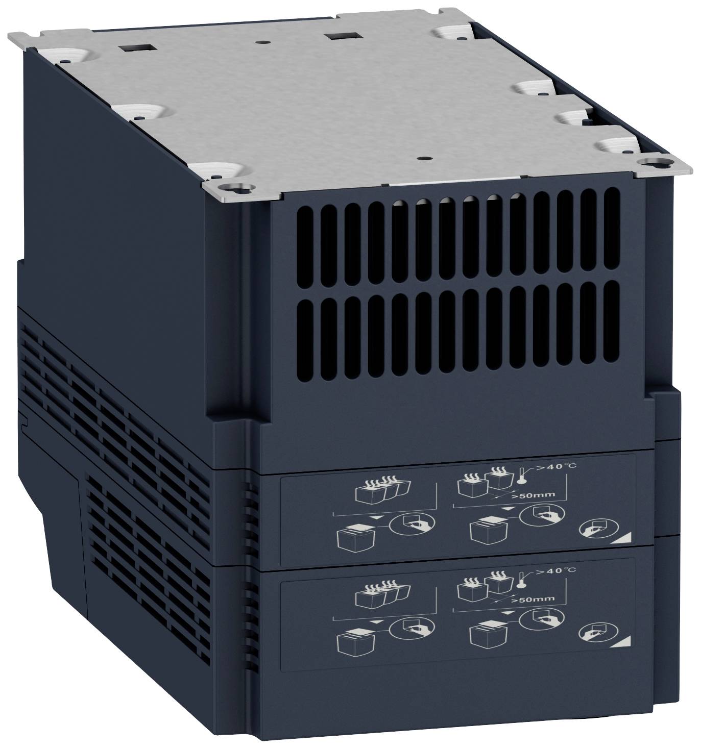 Czarny elektroniczny sprzęt z kratką wentylacyjną, prawdopodobnie lodówka lub transformator, stojący na stole.