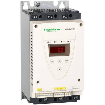Schneider Electric Altistart 22, elektroniczny softstart, wyświetla cyfrowy wyświetlacz i posiada kilka złączy dla kabli zasilających.