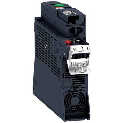 Czarny przetwornik częstotliwości z wentylatorem od spodu i przyłączami elektrycznymi z przodu.