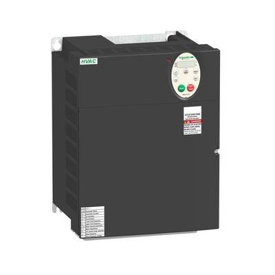 Czarny falownik z elementami sterującymi i napisem 'HVAC' marki Schneider Electric, przeznaczony do sterowania systemami HVAC.