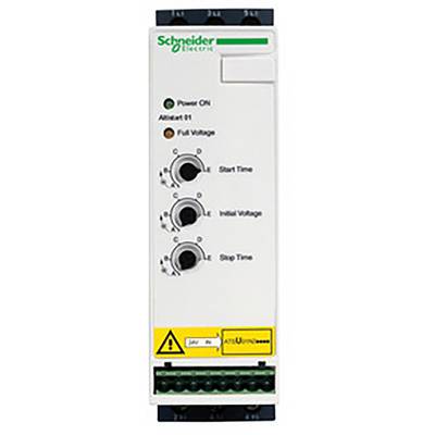 Urządzenie sterujące firmy Schneider Electric z trzema pokrętłami do regulacji 'Napięcia rozruchu', 'Napięcia początkowego' i 'Czasu zatrzymania', diody LED wskaźnika na górze.
