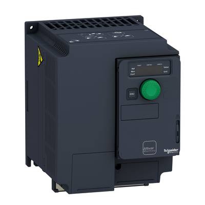 Czarny falownik z zielonym przyciskiem i wyświetlaczem cyfrowym firmy Schneider Electric, stosowany do sterowania silnikiem.