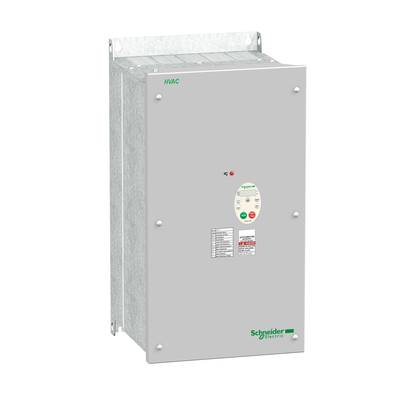 Szary obudowa falownika firmy Schneider Electric z wyświetlaczem kontrolnym i zielonym napisem 'HVAC' u góry.