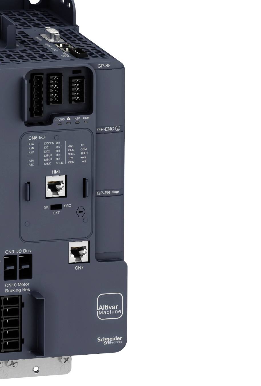 Przemysłowy falownik Schneider Electric z wieloma złączami do różnych komponentów sterujących.