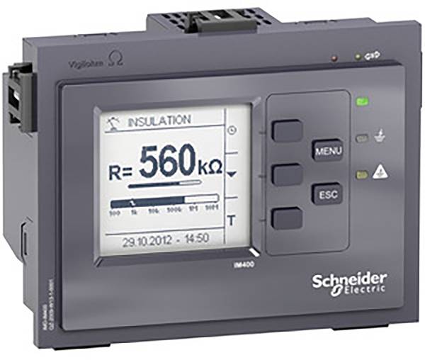 Szary elektryczny przyrząd kontrolny firmy 'Schneider Electric' wyświetla na ekranie wartość izolacji wynoszącą 560 kΩ.
