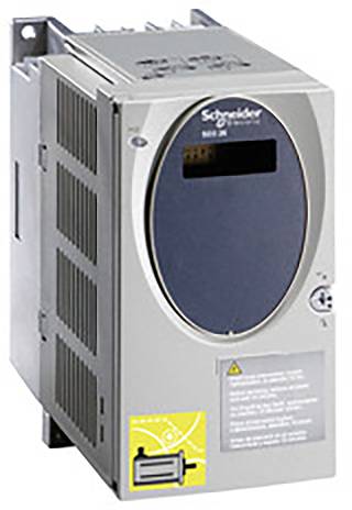 Szary przetwornik częstotliwości marki Schneider Electric z wyświetlaczem cyfrowym i otworami wentylacyjnymi.
