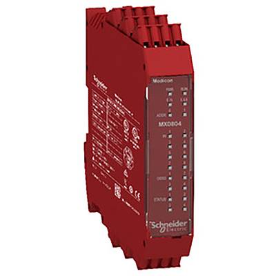 Czerwone urządzenie elektroniczne z napisem 'Schneider Electric', zawierające dane techniczne i wskaźniki statusu na przedniej stronie.