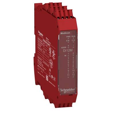 Czerwony moduł automatyzacji 'Modicon DI12M' firmy Schneider Electric, widok z boku z przyłączami i technicznymi oznaczeniami markowymi.