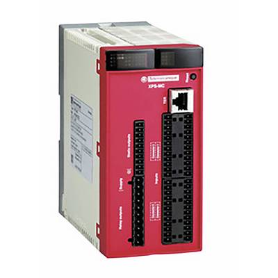 Moduł przekaźnika bezpieczeństwa w czerwonej obudowie, z czarnymi gniazdami i złączem Ethernet. Widoczny numer modelu XPS-BC.