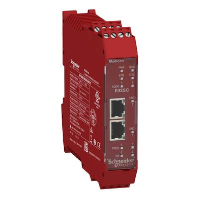 Czerwony moduł Schneider Electric z interfejsami Ethernet oraz diodami LED sygnalizującymi stan pracy i połączenia, przeznaczony do zastosowań przemysłowych.