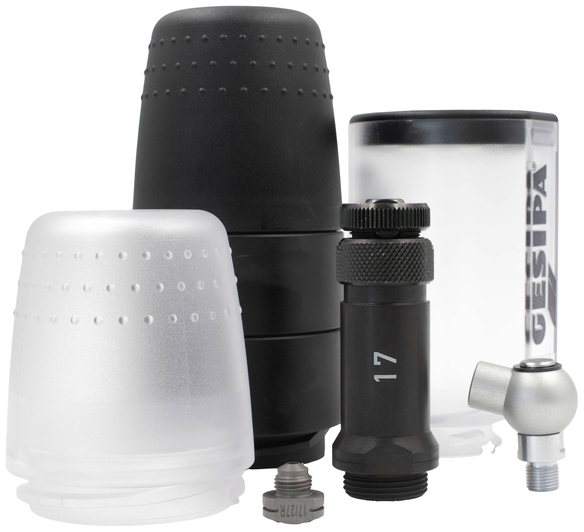 Zestaw elementów narzędziowych, w skład którego wchodzą dwa czarne i jeden przezroczysty element o kształcie cylindrycznym, a także dwie mniejsze części metalowe.