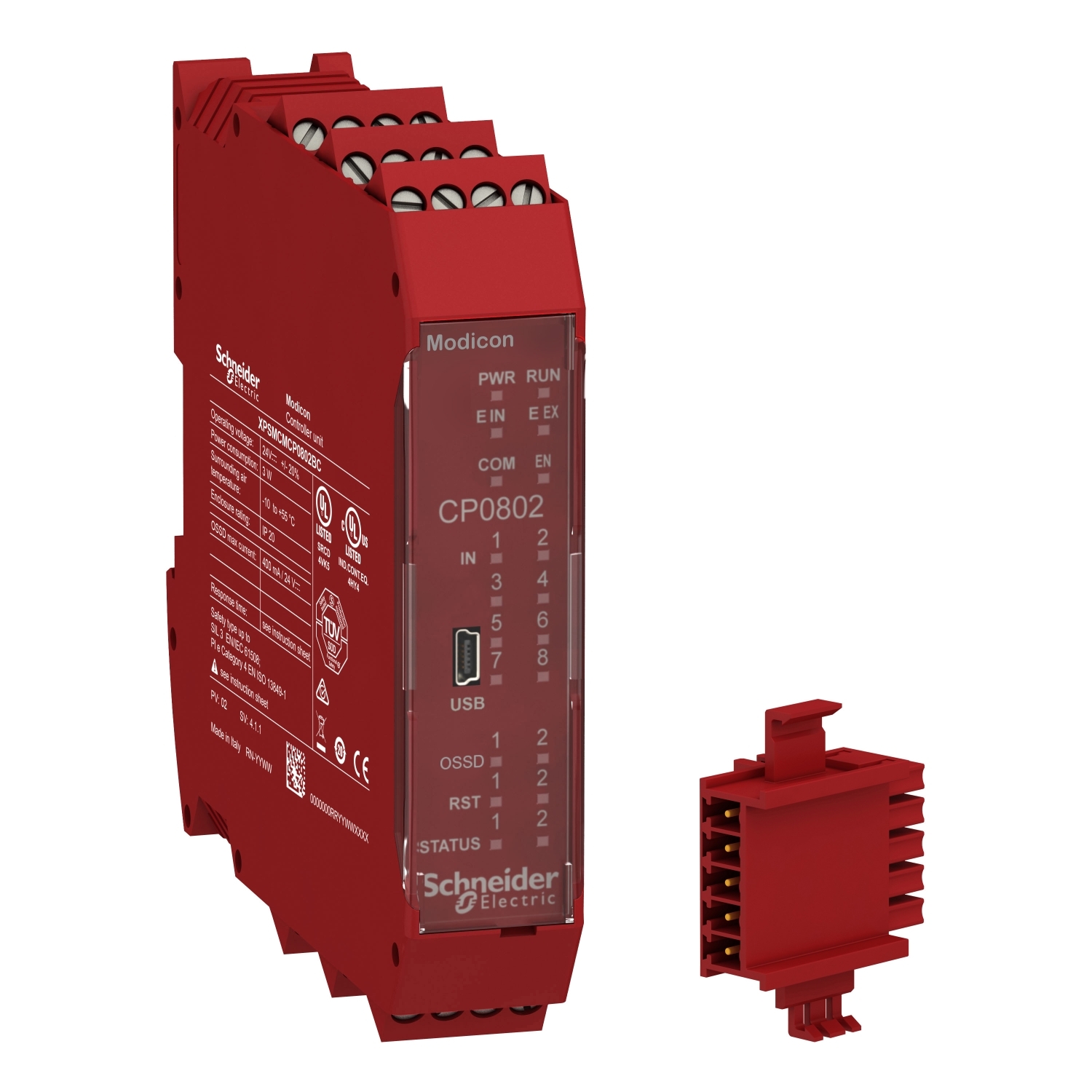 Czerwony moduł elektryczny firmy Schneider Electric z portem USB i wskaźnikami LED z serii Modicon, model CP0802.