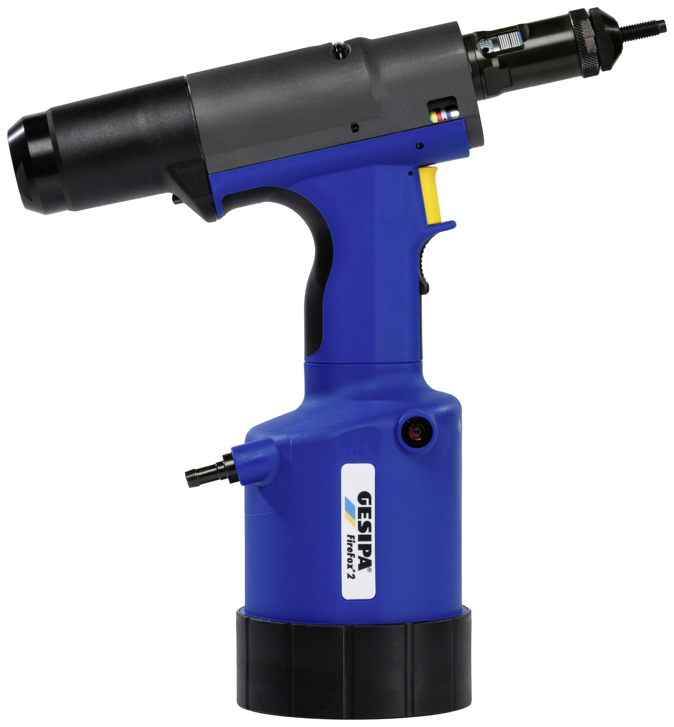 Niebieski, elektryczny narzędzie do nitowania w widoku z boku, z czarną głowicą i uchwytem. Nazwa marki 'Gesipa' widoczna z boku.