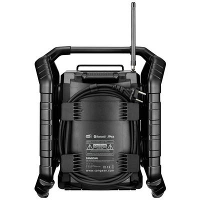 Przenośne, wytrzymałe czarne radio z Bluetoothem i certyfikatem IP65, z nawiniętym przewodem i anteną na górze.