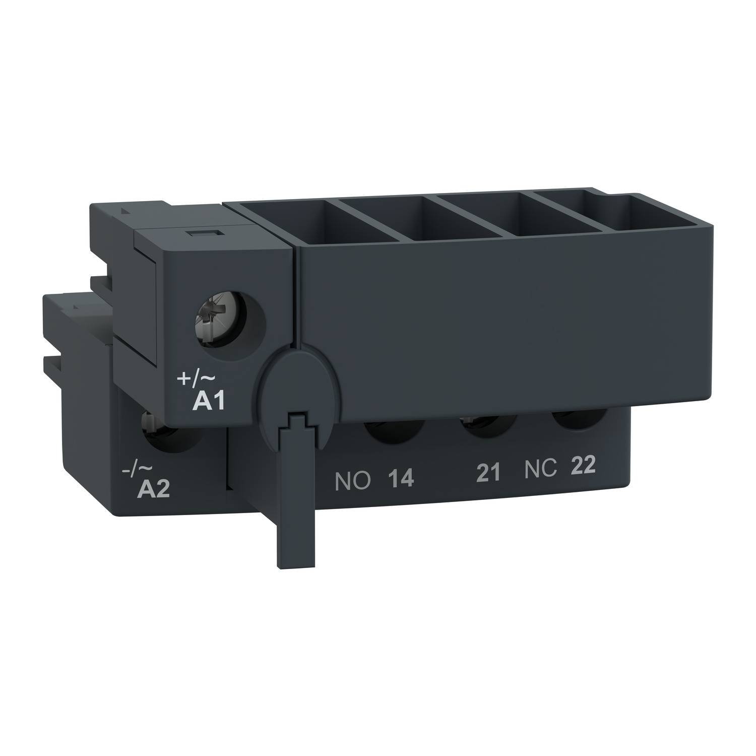 Czarny elektryczny przekaźnik elektromagnetyczny z napisami 'A1', 'A2', 'NO 14', '21', 'NC 22'. Górą trzy komory przyłączeniowe.