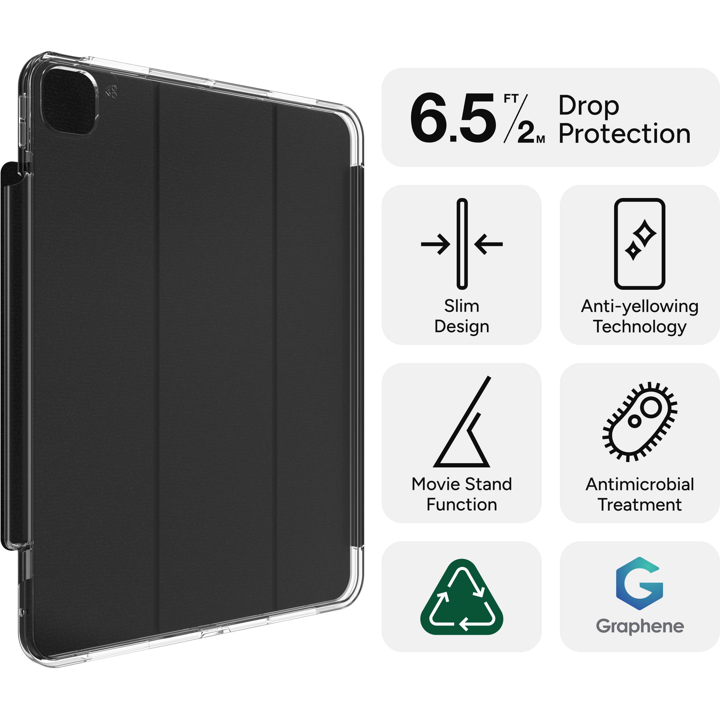 Etui na tablet o czarnym, smukłym designie. Zapewnia ochronę przed upadkiem z wysokości do 2 metrów, chroni przed żółknięciem, posiada powłokę antybakteryjną oraz wykorzystuje technologię grafenową.