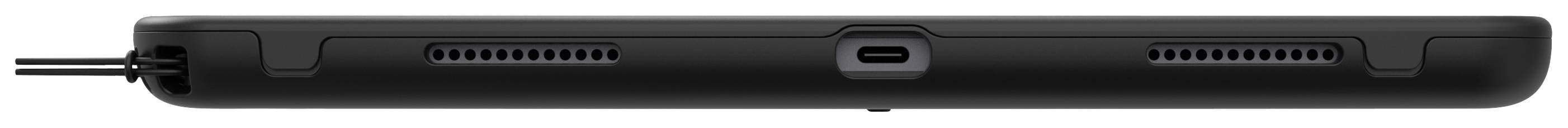 Czarny kontroler do gier widziany od tyłu, z portem USB-C pośrodku i kablem po lewej stronie.