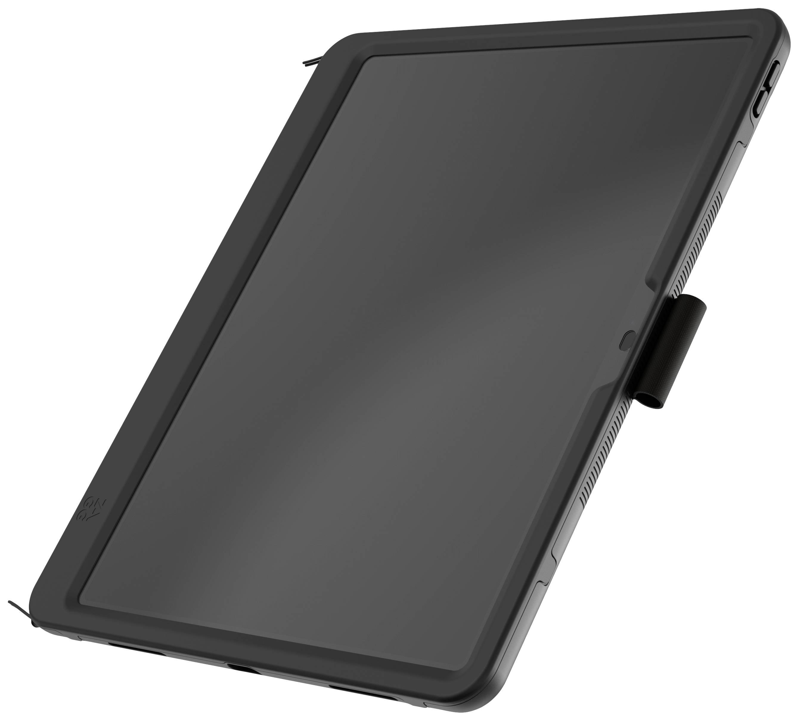 Czarny tablet w ochronnej obudowie, sfotografowany pod skosem, na neutralnym tle.