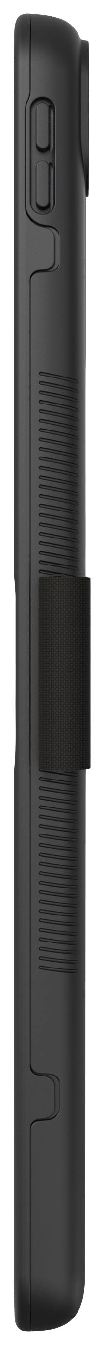 Widok z boku czarnego, smukłego urządzenia o gładkiej powierzchni ze strukturyzowaną sekcją uchwytu pośrodku.