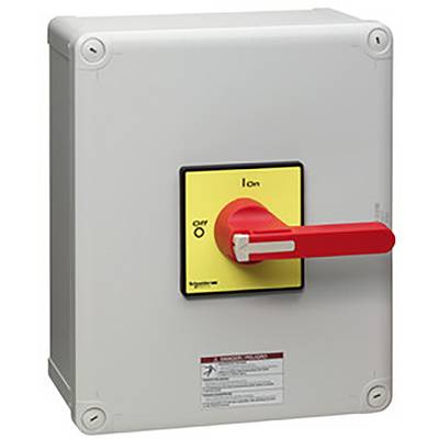 Szaro-biała rozdzielnia elektryczna z czerwoną dźwignią na żółtym polu, oznaczona napisami 'I on' i '(O) Off'. Dźwignia wskazuje pozycję 'Off'.