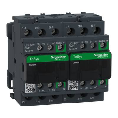 Przemysłowy przekaźnik Schneider Electric, typ TeSys, numer modelu LC1 D32 BNE 24-60V, w ciemnej obudowie z zielonymi etykietami.