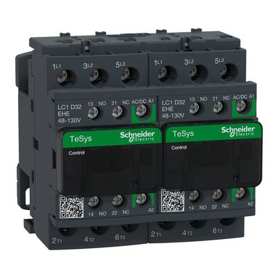 Czarny elektryczny kontaktor firmy Schneider Electric z zielonym oznaczeniem 'TeSys'.