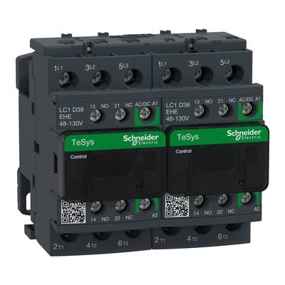 Dwa czarne elektryczne łączniki stykowe firmy Schneider Electric z zielonymi etykietami i kodami QR, model TeSys, przeznaczone do celów sterowania.