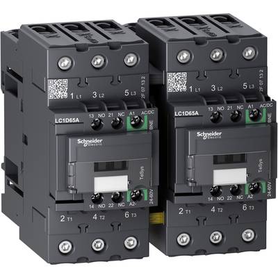 Dwa czarne wyłączniki firmy Schneider Electric, model LC1D65A, umieszczone obok siebie, z widocznymi zaciskami przyłączeniowymi i oznaczeniami.