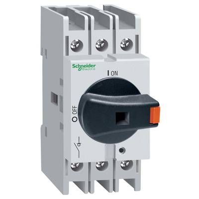 Przełącznik obrotowy do urządzeń elektrycznych w pozycji 'WYŁ.', wyprodukowany przez Schneider Electric, z czarną pokrętłą i białą obudową.