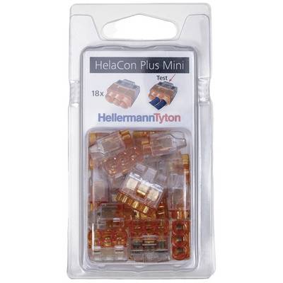 Opakowanie z elektrozłączkami 'HelaCon Plus Mini' firmy HellermannTyton, 18 sztuk. Zdjęcie produktu na górnej stronie kartonu.