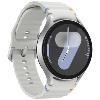 Srebrny smartwatch z białym paskiem i okrągłą tarczą, wyświetlający minimalistyczny analogowy czas.