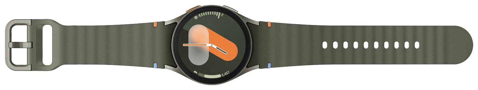 Nowoczesny smartwatch z zielonym paskiem i abstrakcyjną tarczą, która prezentuje elementy w kolorach pomarańczowym i zielonym.