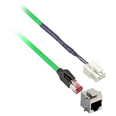 Zielony kabel sieciowy z wtyczką RJ45, obok białego złącza kablowego i gniazda RJ45.