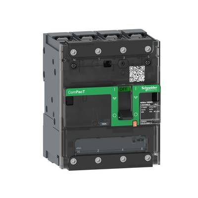 Czarno-zielony wyłącznik mocy firmy Schneider Electric, model ComPact 160A, z oznaczeniami 'ON'/'OFF' i kodem QR.