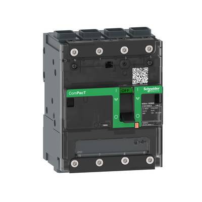 Trójbiegunowy wyłącznik mocy firmy Schneider Electric z zielonym przełącznikiem i licznymi przyłączami, przeznaczony do zastosowań przemysłowych.